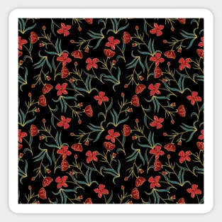 Red Flowers Branches with Gold Outline on Black Background Sticker